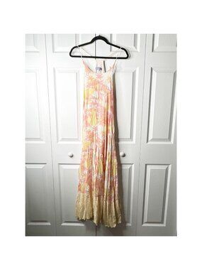Paradised Aida White Pink Tropical Eyelet Hem Maxi Dress Women's Size Small S